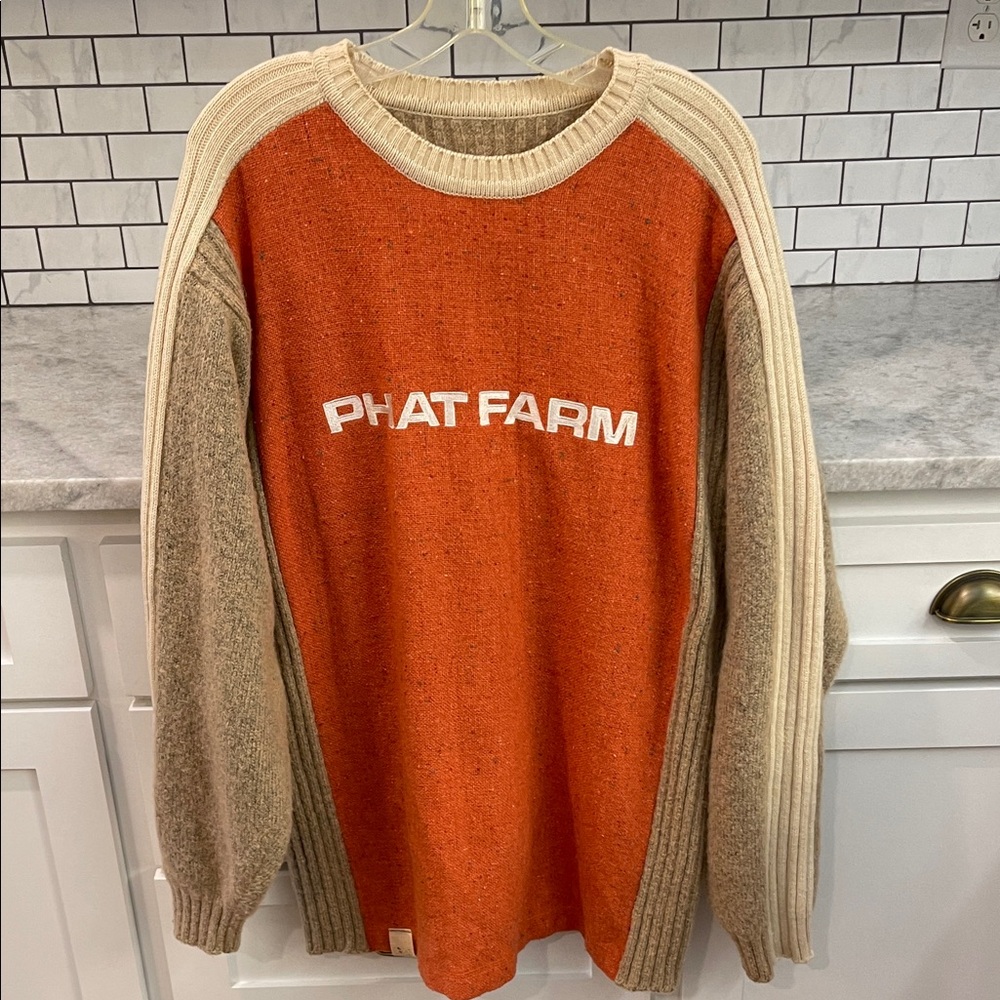 Phat Farm Sweater Mens XL Orange Beige Wool Vintage Crew Neck Ribbed Spell Out